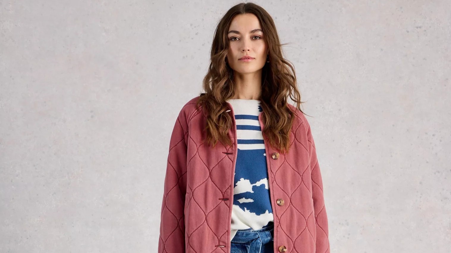 White Stuff Anya Jersey Quilted Jacket in mid pink