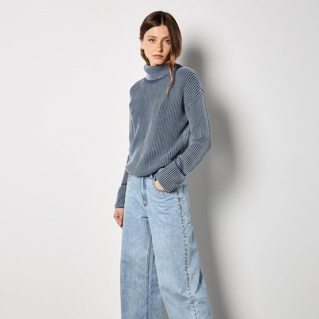 Apricot Roll Neck Ribbed Stonewashed Jumper