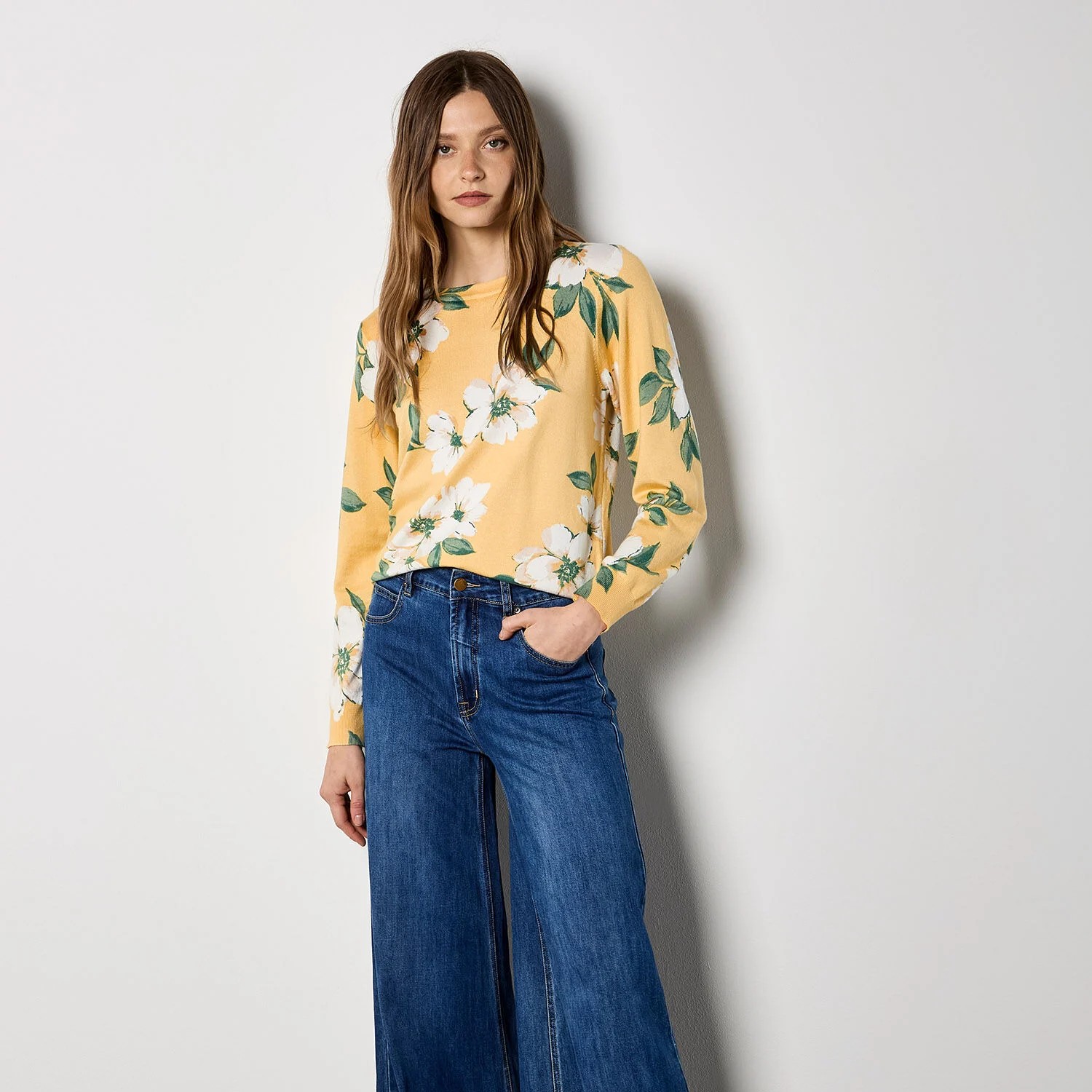 Apricot Floral Print Fine Knit Jumper