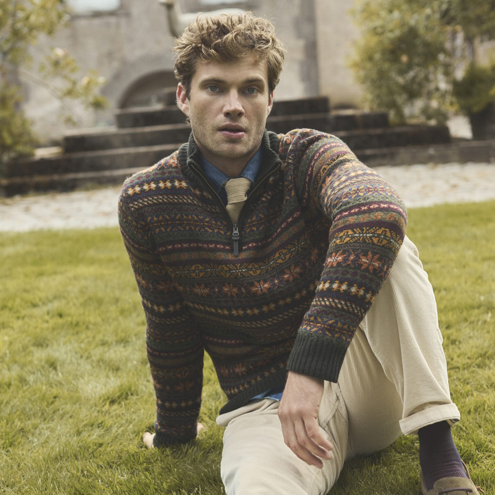 joules Milligan Wool-Rich Green Quarter Zip Fair Isle Jumper