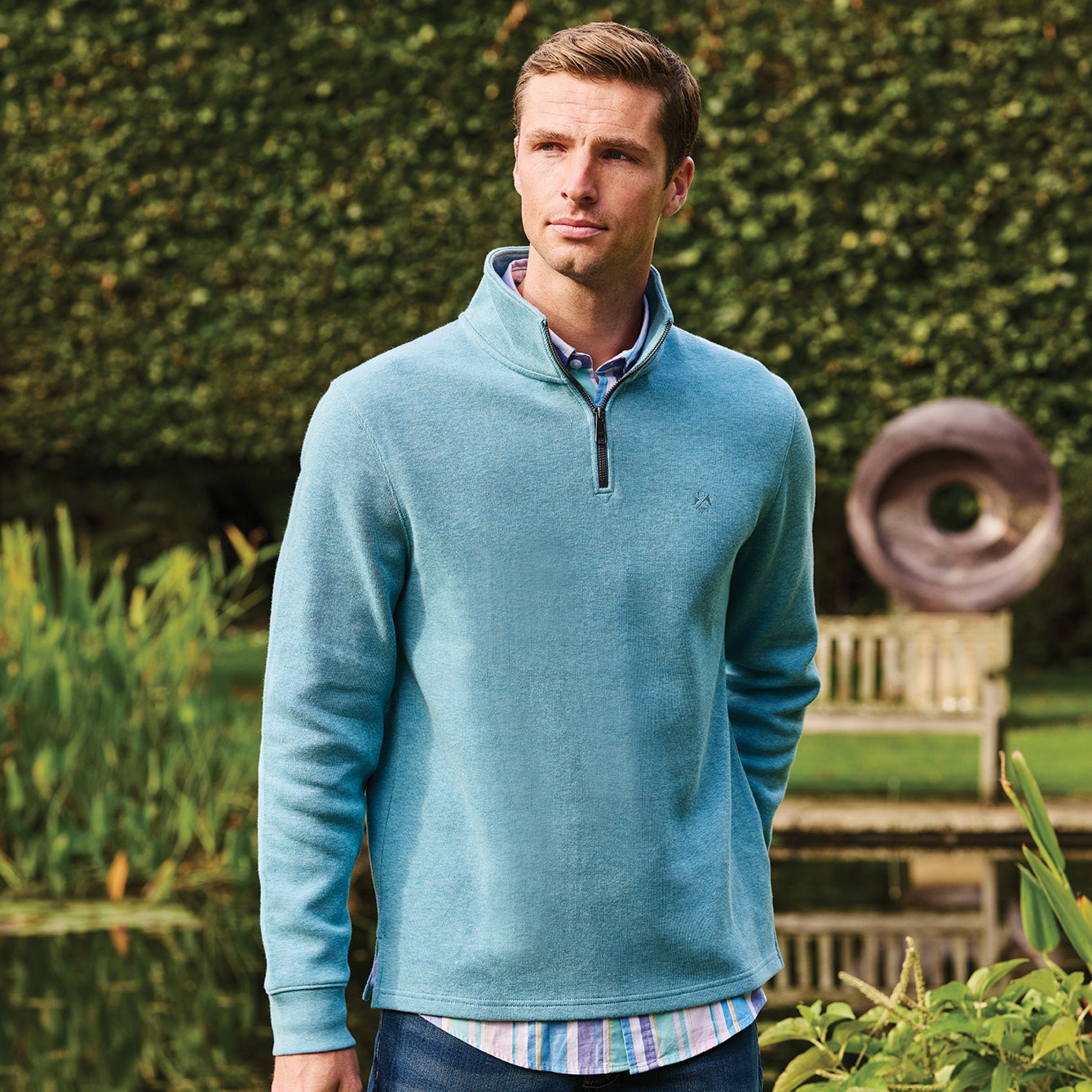 Brook Taverner Redgrave Blue Melange French Rib Cotton Zip Neck Jumper