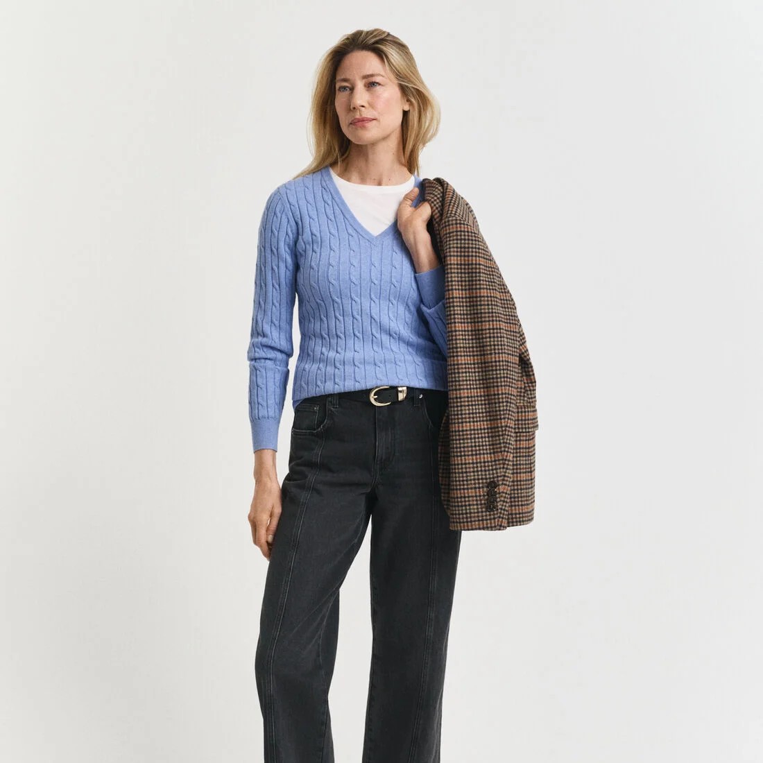 Stretch Cotton Cable Knit V-Neck Sweater