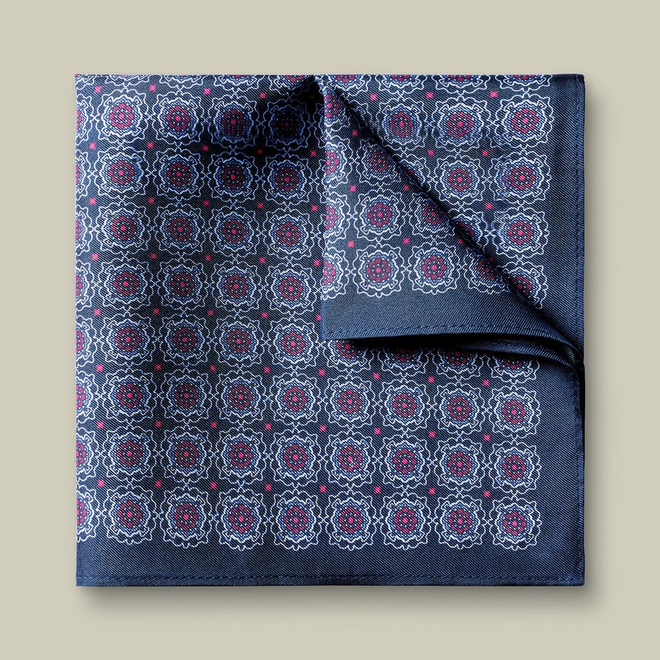 Silk Geo Print Pocket Square - Navy & Dark Pink