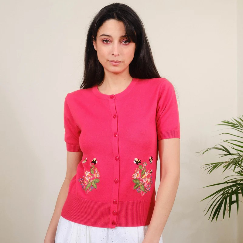 pretty vacant Emb Bees S/S Cardigan in Hibiscus