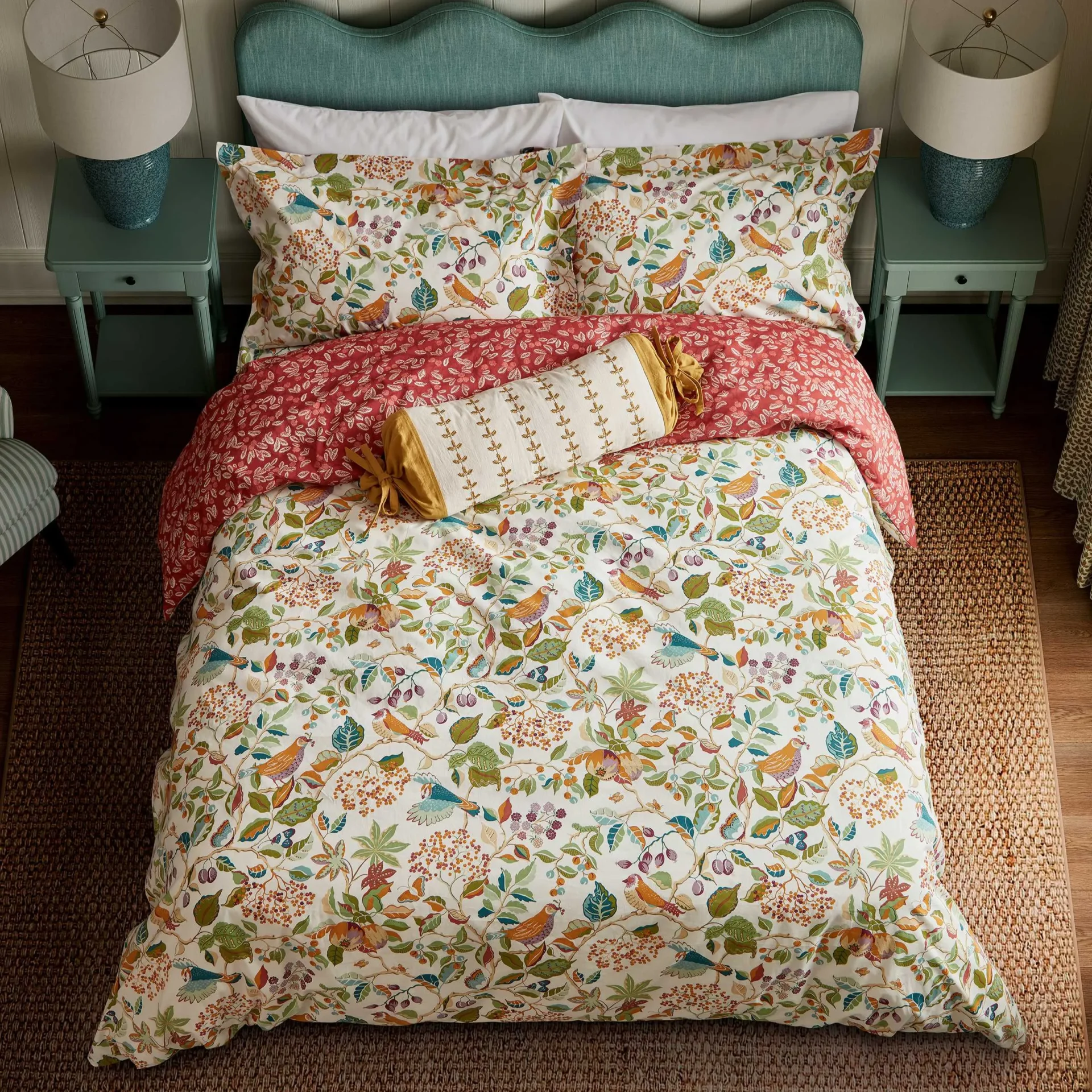 Sanderson x National Trust Birds & Berries Bedding in Rowan Berry